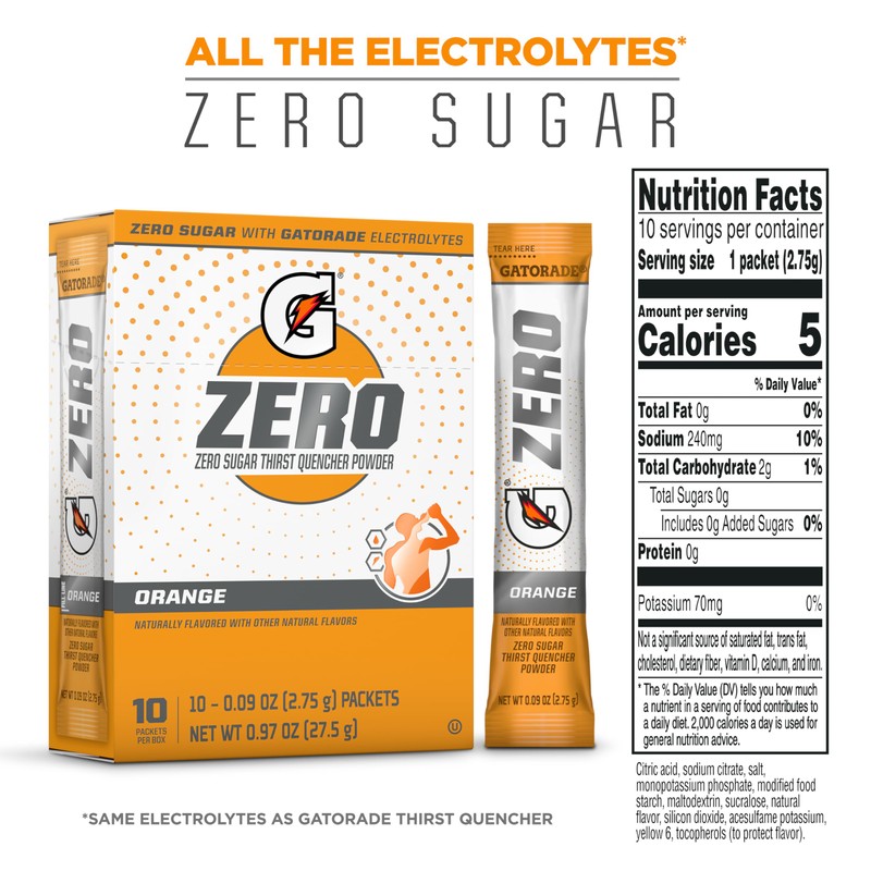 Gatorade G Zero Sports Drink Mix Powder Packets, Orange, Electrolyte
