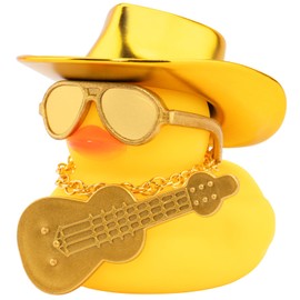 wonuu Cowboy Hat Car Rubber Ducks, Dashboard Decorations Rubber Ducky for Car Ornament Cute Duck with Hat, Glasses, Necklace, Mini Guitar, Gold
