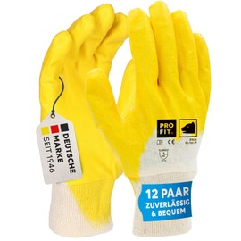 PRO FIT Nitrile Gloves 12 Pairs - Work Gloves, Mechanics Glove, Protective Gloves, Gardening Gloves ¾ Coated, Assembly Gloves - Yellow, Size 11