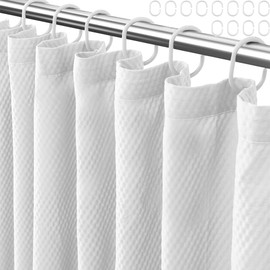 Eazzier Bath Waffle Shower Curtain with Hooks, Light Weighted Fabric, 72x80, Wrinkle and Rust Resistant, Classic Hotel Quality, Thin Long Curtains for Bathroom Showers, Bath Tubs, Machine Wash White