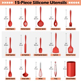Kitchen Cooking Utensils Set with Holder, Homikit 15-Piece Silicone Spatula Set for Nonstick Cookware, 446°F Heat Resistant Spoon Turner Tong Whisk Brush for Cooking and Baking-Red