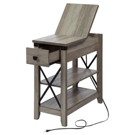 Awescuti Narrow End Table with Charging Station Farmhouse Slim Side Table with USB Ports and Power Outlets, Nightstand with Flip Top and Storage Drawer, for Small Spaces Living Room Bedroom, Gray