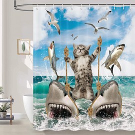 bzwcbei Funny Cat Shower Curtain, Fun Cat Riding Shark Shower Curtain Liner, Ocean Sea Blue Kids Waterproof Bathroom Curtain Set with Hooks 69x70inches