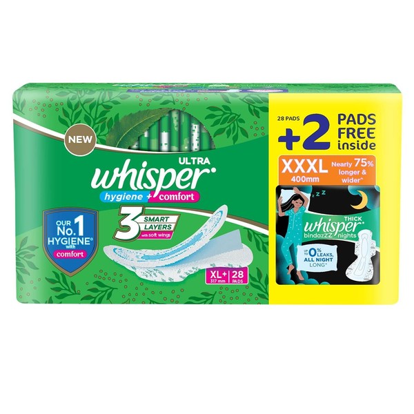 Whisper Ultra Clean Sanitary Pads - 30 Pieces (XL Plus)