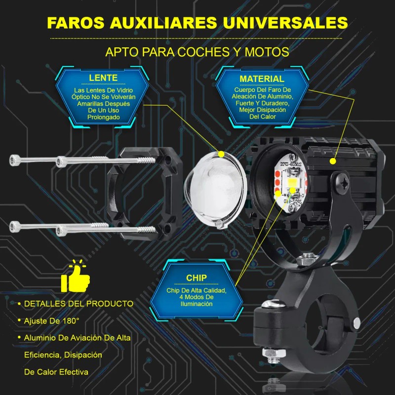 2 Faros Luces Led Auxiliares 4 Modos Lupa Para Moto