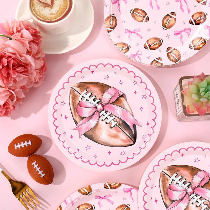 24Pcs Pink Bow Football Paper Plates, Touchdowns or Tutus, 7In