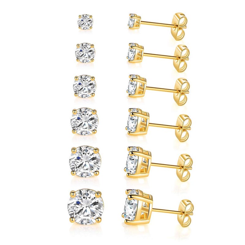 6 Pairs 14K Yellow Gold Plated Round Cut Clear Cubic