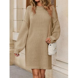 Wenrine Womens Oversized Sweater Dress Casul Puff Long Sleeve Fall Chunky Knit Loose Tunics Pullover Tops Khaki