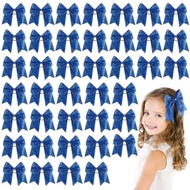 Yunsailing 40 Pcs 8 Inch Large Glitter Cheer Hair Bows Bulk, Shiny Cheerleading Bows Ponytail Holder for Cheerleader Girls Softball Sports and Christmas Tree Decor(Blue)