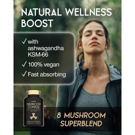 SuperSelf Mushroom Complex with Ashwagandha KSM-66 - Mushroom Supplement 1600mg with Lion's Mane, Reishi, Chaga, Cordyceps, Shiitake - High Strength Superblend of 8 Mushrooms & Ashwaganda - 60 Capsules - Vegan
