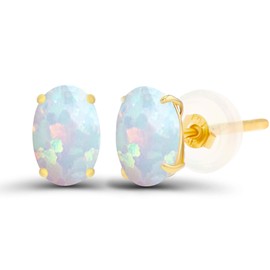 Solid 14K Yellow Gold 6x4mm Oval Created Opal October Birthstone Genuine Stud Earrings For Women