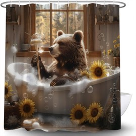 Funny Brown Bear Shower Curtain Rustic Cabin Bear Wild Animal in Bathtub Sunflower Bubble Wooden Farmhouse Wildlife Bathroom Curtain with Hook,70x70 Inch