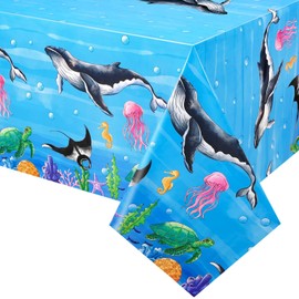 WERNNSAI Sea Party Tablecloth - 1 PC 54” x 108” Ocean Animals Table Cover Under the Sea Party Decorations Plastic Disposable Tablecloth for Kids Boys Ocean Sea Theme Beach Pool Birthday Party Supplies