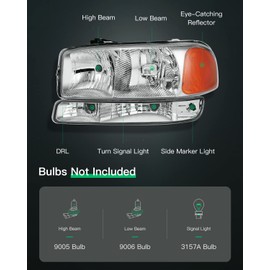 LSAILON Headlight Assembly Replacement Fit 1999-2006 For GMC Sierra 1500 2007 For Sierra 1500 Classic 1999-2004 For Sierra 2500 2001-2006 For Sierra 3500 Chrome Housing Amber Reflector Clear lens