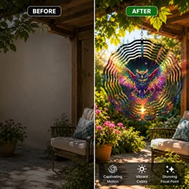 3D Owl Wind Spinner for Outdoor Decor – Colorful Metal Hanging Kinetic Art for Garden, Patio & Gifts