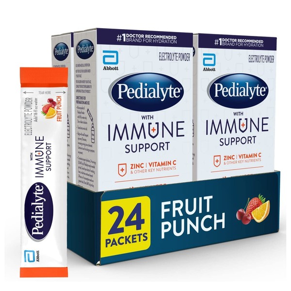 Pedialyte with Immune Support, Electrolytes with Vitamin C and Zinc, Advanced Hydration with PreActiv Prebiotics, Fruit Punch, Electrolyte Drink Powder Packets, 6 Count (Pack of 4