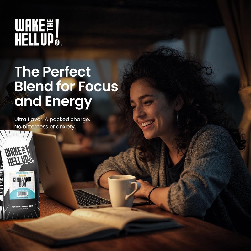Wake The Hell Up! 1lb Ultra-Caffeinated Cinnamon Bun Ground Coffee,