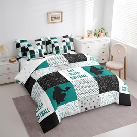 Erosebridal Girls Boys Softball Twin Comforter Set 7 Piece,Sports Bedding Sets for Boys Ball Games Room Decor,Checkered Softball Bed in a Bag with Fitted Sheet,Flat Sheet,Pillowcases & Shams