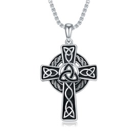 Oseew Celtic Cross Necklace For men Silver Cross Pendant Necklace Mens Celtic Cross Celtic Amulet Necklace Protection Jewelry Religious Gifts with 2.5mm 22"+2" Adjustable Rolo Chain, Stone Sterling