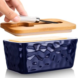 Butter Dish with Lid: Large Butter Dish for Countertop - Ceramic Butter Container with Knife Double Silicone Seal - Unique Stone Butter Dishes with Covers for Farmhouse Kitchen Decor Home Decor Blue