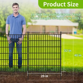 Toolterritary 15 Panels No Dig Garden Fence, 32 in(H) X36.3 ft(L) Metal Fence Panels, Thickened Rustproof Garden Fencing, Animal Barrier Fence for Dogs, Rabbits, and Patio