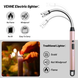 VEHHE Long Lighters Rechargeable with Safety Switch, USB C Lighter with 360° Flexible Neck, Windproof Flameless Plasma Arc Lighter with Led Battery Display for Fireworks BBQ Camping (Rose Gold)