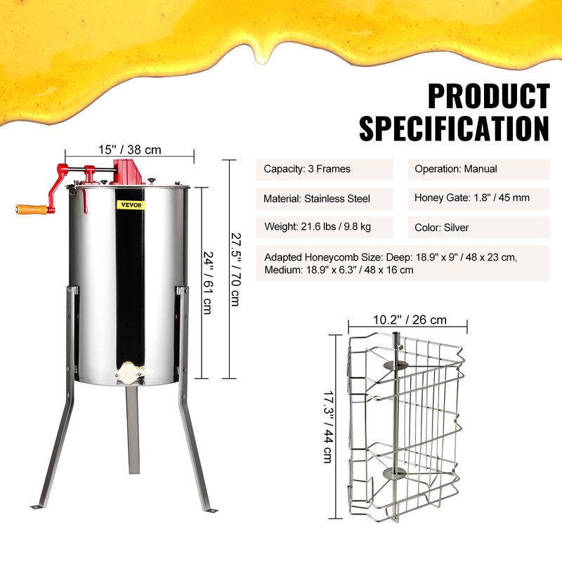 VEVOR 3 Frame Honey Extractor, Stainless Steel Manual Beekeeping Extraction,
