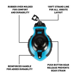 OX Tools Professional Chalk Line Reel & Chalk Powder Combo Pack, 6-to-1 gear ratio, 100' 8 Strand Strong compact chalk line and Blue Chalk Powder | P503502