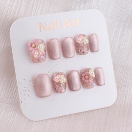 MZCMSL Handmade Nail Tip, Short, Square, Pink, Flowers, Flower Pattern, Pearl, False Claws, 3D, Short Nails, Small Nails, Popular, Finger Suit, Pack of 10, Cat Eye, Magnetic False Nails, S