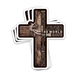 3PCs For God So Loved The World Sticker Christian Cross Bible Verse Sticker Religious Jesus Crown Of Thorns Waterproof Vinyl Stickers For Journal Water Bottle Faith Scripture Gifts For Prayers 3"x2.4"