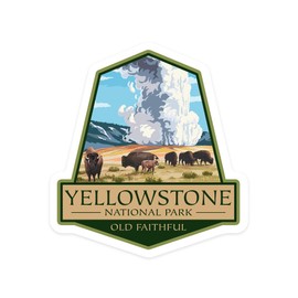 Die Cut Sticker Yellowstone National Park, Wyoming, Old Faithful Geyser and Bison Herd, Contour Vinyl Sticker 1 to 3 inches (Waterproof Decal for Cars, Water Bottles, Laptops, Coolers), Small