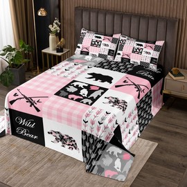 jejeloiu Bear Bedspread Twin Size Kids Black Pink Buffalo Check Quilted Coverlet for Boys Girls Teens Boho Arrow Camo Farmhouse Coverlet Set Breathable Wild Animal Quilted Room Decor Quilt Set