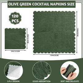 NatNarr 120 Pcs Cocktail Napkins Olive Green Napkins Disposable Scalloped Dessert Beverage Napkin Dark Green Dinner Napkin for Wedding, Bridal Baby Shower, Christmas, 5 x 5 Inch