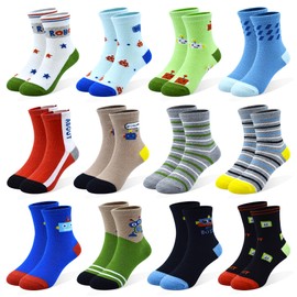 Boys Crew Socks 12 Pairs Cotton Cartoon Cosy Breathable Colors Kids Socks for Toddler 1-3 Years Running Walking Sports Trainer