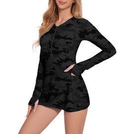 Cagola Long Sleeve Swimsuits for Women Rash Guard Swim Dress Modest Bathing Suit Swim Romper with Built in Bra and Pockets, Grey Camouflage, Small