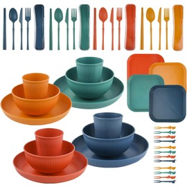 48Pcs Wheat Straw Dinnerware Sets, Unbreakable Plastic Plates and Bowls Sets, Dinner Sets for 4 People, Travel Picnic Camping Cutlery Set, Home Party Cutlery Set, Dishwasher Microwave Safe Dishes