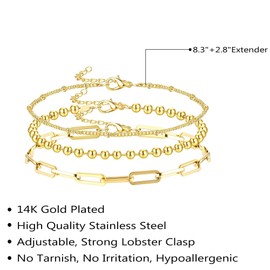 Krfy Gold Anklet for Women, 14k Gold-Plated Anklet Stainless Steel Tennis Beads, Herringbone Cuban Paper Clip, Link Chain, Anklet Set, Adjustable, Boho Beach Foot Jewellery, Pack of 3, Stainless Steel