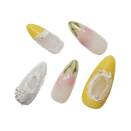 Tulip Hand-Painted Flowers Handmade Press on Nails for Women Girls,Aesthetic Medium Almond Floral Reusable Gel Fake Nails,Yellow Elegant Cute Kawaii Trendy Luxury Designer Nails 10pcs,XS