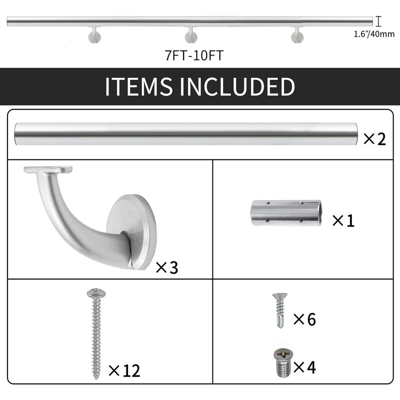 15FT Modern Aluminum Handrail Set, handrails for Indoor Stairs,Deck,Slope, Wall