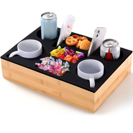 Yerliker Couch Cup Holder Tray Silicone Bamboo Couch Caddy Waterproof Anti-Spill Sofa Cup Holder for Sofa Bed Car Seat Beach Organizer Can Hold Mugs, Drinks, Snacks, Mobile Phones, Remote (Black)