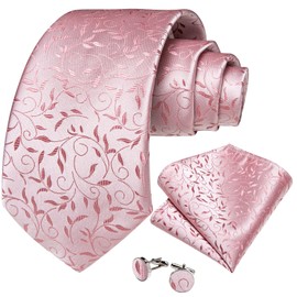 DiBanGu Pink Floral Ties for Big and Tall Men Extra Long Blush Pink Necktie and Pocket Suqare Cufflinks Wedding Tie