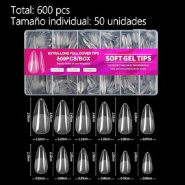 600PCS Transparente Uñas Postizas Para Manos，12 Tamaños Tips Para Uñas Soft Gels，Diy Soft Gel Tips，Sin Necesidad de Pulir, Uñas Soft Gel Con Caja Para