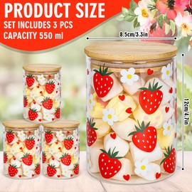 JarThenaAMCS 3Pcs Strawberry Glass Storage Jars Cute Fruits Flower Love Heart Clear Candy Cookie Canisters Set with Airtight Lid for Spring Summer Home Kitchen Countertop Decor