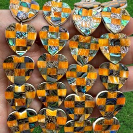 AlohaGemsUSA Spiny Oyster & Abalone Shell Beads - Native American Style (Handcrafted Mosaic Inlay Artistry with Meticulous Workmanship) Heart 20mm (Half Strand 8 Inches - 10 Beads)