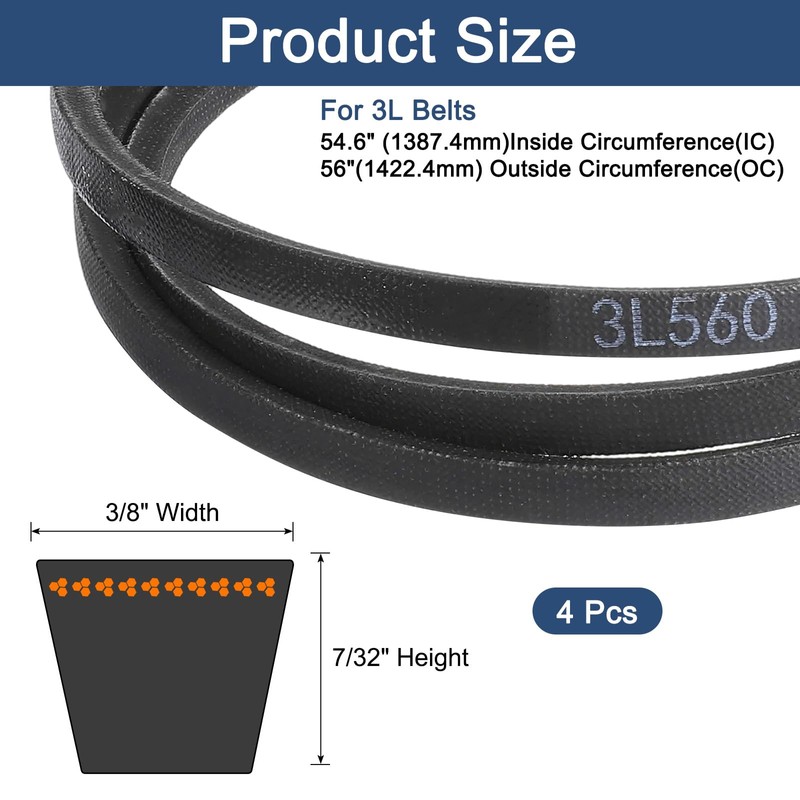 sourcing map 4 Pcs 3L560 Classic Wrapped Rubber V-Belt, 56"(1422mm)