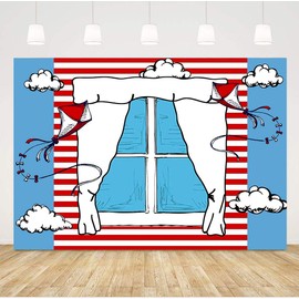 Cartoon Blue Window Backdrops for Photography Kids Birthday Party Background 5x3ft Blue Red Kite Striped Kids Party Backdrop Boys Girls 1st Birthday Decorations Cake Table Banner Photo Booth Props