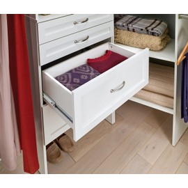 ClosetMaid SuiteSymphony Wood Closet Drawer, Add On Accessory, Shaker Style, for Storage, Closet, Clothes, 25” x 10” Size for 25 in. Units, Pure White/Satin Nickel