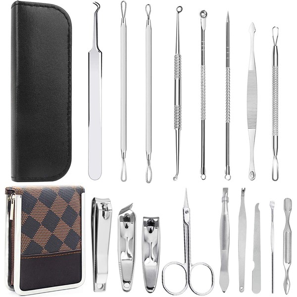 Fiyuer Blackhead Remover Set Stainless Steel Acne Needle Pimples Acne Blackheads Whiteheads Blackhead Remover Kit Pedicure Manicure Set Portable Gift Box Leather