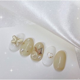 [Handmade Nail Tips] Olive Butterfly Nails - Long Oval / [수제네일팁] 올리브나비 네일 - 롱오벌