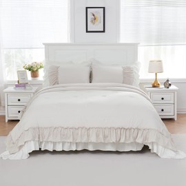 Boho Shabby Chic Comforter Set - Queen Size 2 Layers Bohemian Ruffles Home Decor Farmhouse Bed Comforter Pillowcases (Cream, Queen)